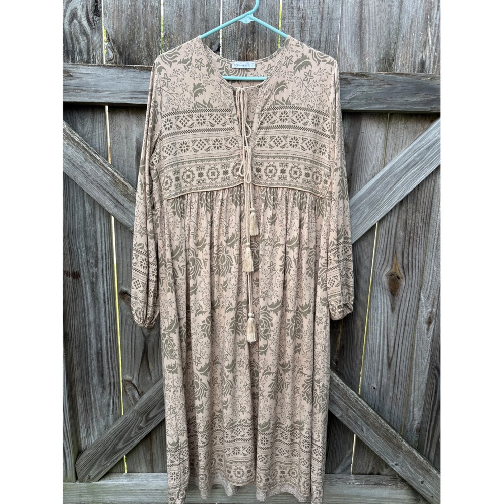 R.Vivimos Womens Boho Floral Tassel Midi Dress Olive Beige XL 009057018
